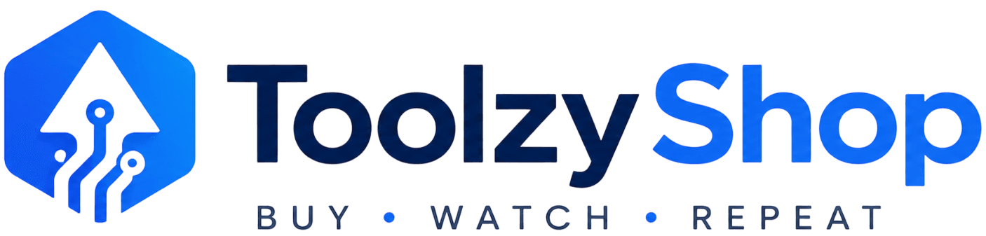 ToolzyShop logo featuring a modern blue AI-inspired icon with bold typography and the tagline Buy • Watch • Repeat on a transparent background