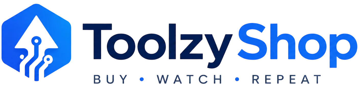 ToolzyShop logo featuring a modern blue AI-inspired icon with bold typography and the tagline Buy • Watch • Repeat on a transparent background