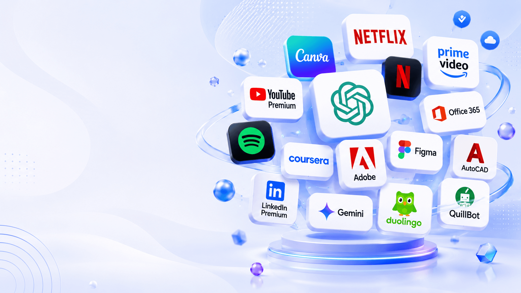 Premium SaaS-style hero banner for ToolzyShop featuring floating software and OTT subscription cards including ChatGPT, Canva, Netflix, Prime Video, Office 365, Spotify, Figma, Adobe, AutoCAD, Gemini, QuillBot, Coursera, LinkedIn Premium, and YouTube Premium on a clean modern light background