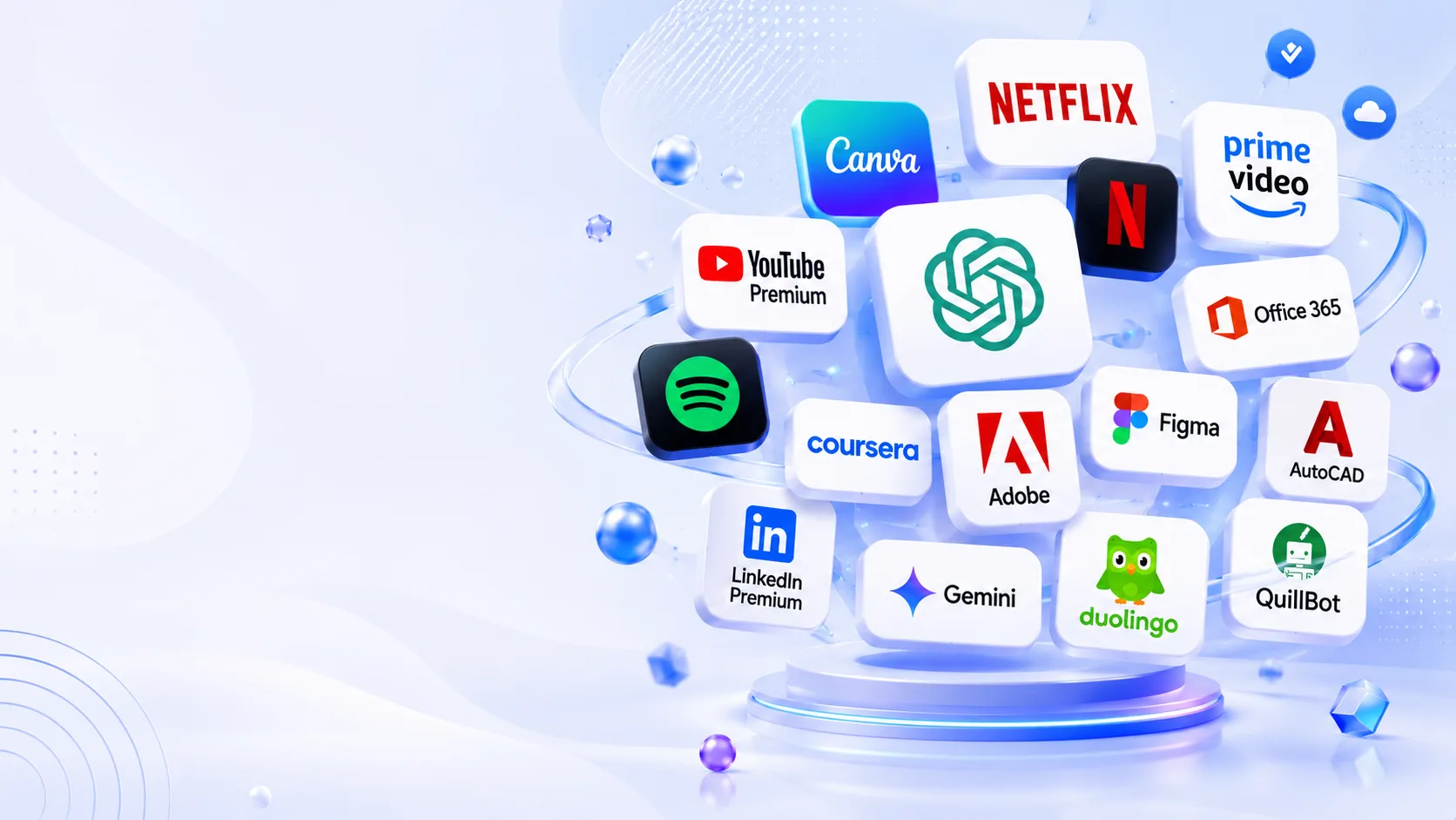 Premium SaaS-style hero banner for ToolzyShop featuring floating software and OTT subscription cards including ChatGPT, Canva, Netflix, Prime Video, Office 365, Spotify, Figma, Adobe, AutoCAD, Gemini, QuillBot, Coursera, LinkedIn Premium, and YouTube Premium on a clean modern light background