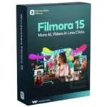 Wondershare Filmora 15 software box for AI video editing and content creation