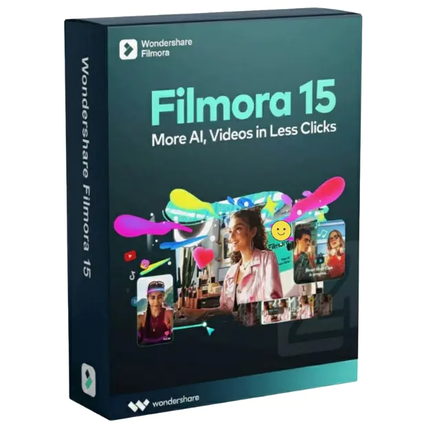 Wondershare Filmora 15 software box for AI video editing and content creation